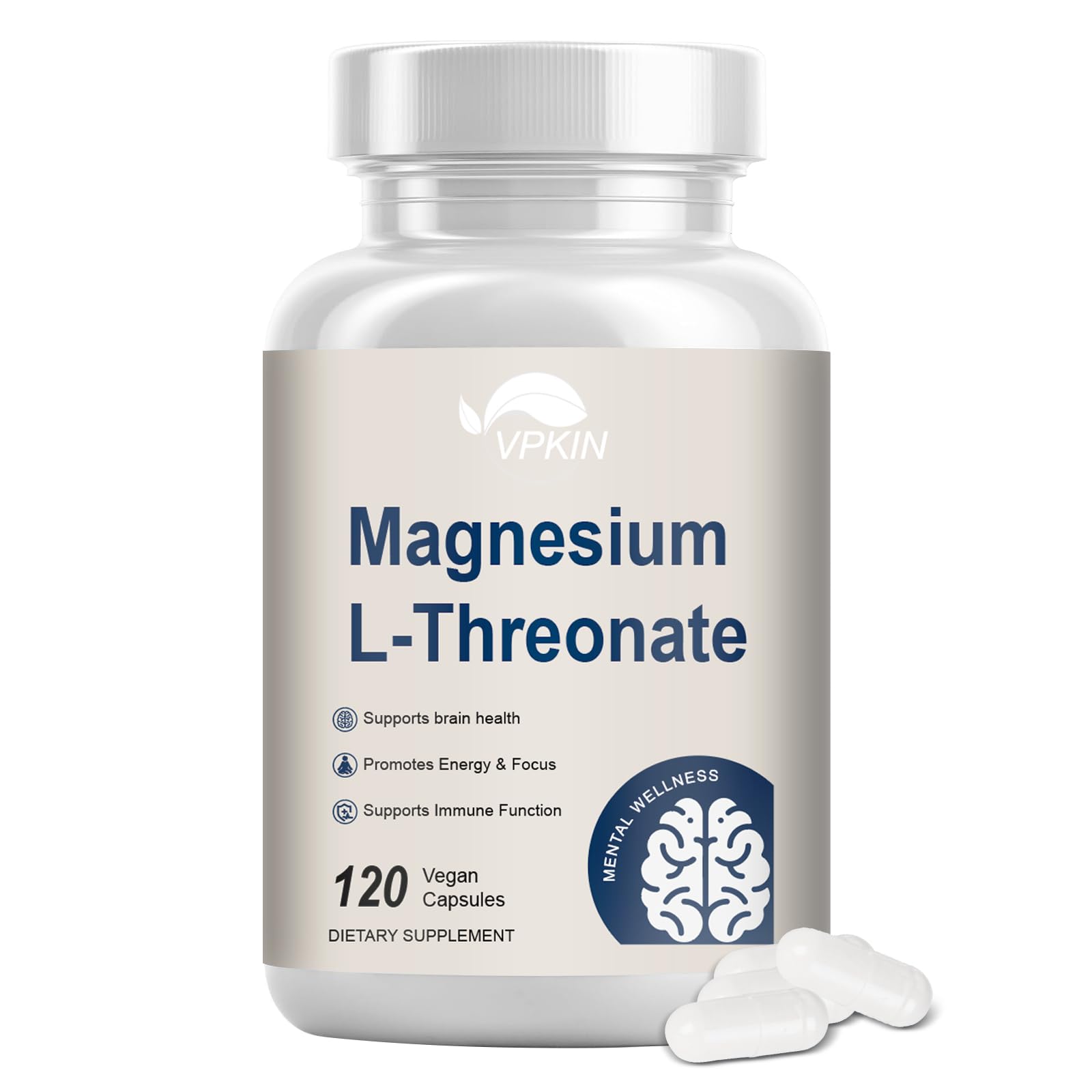 Magnesium L-Threonate Supplement Capsules with Vitamin C & Vitamin D3,High Absorption Magnesium Supplement,Supports Memory, Focus,Non-GMO(120 Capsules)