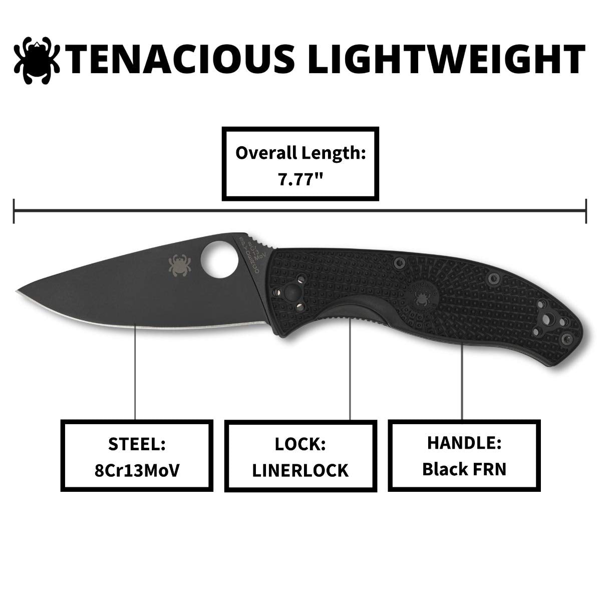 Spyderco Tenacious Lightweight EDC Folding Utility Knife - 3.39" Black Stainless Steel Blade, Black FRN Handle, PlainEdge - C122PBBK