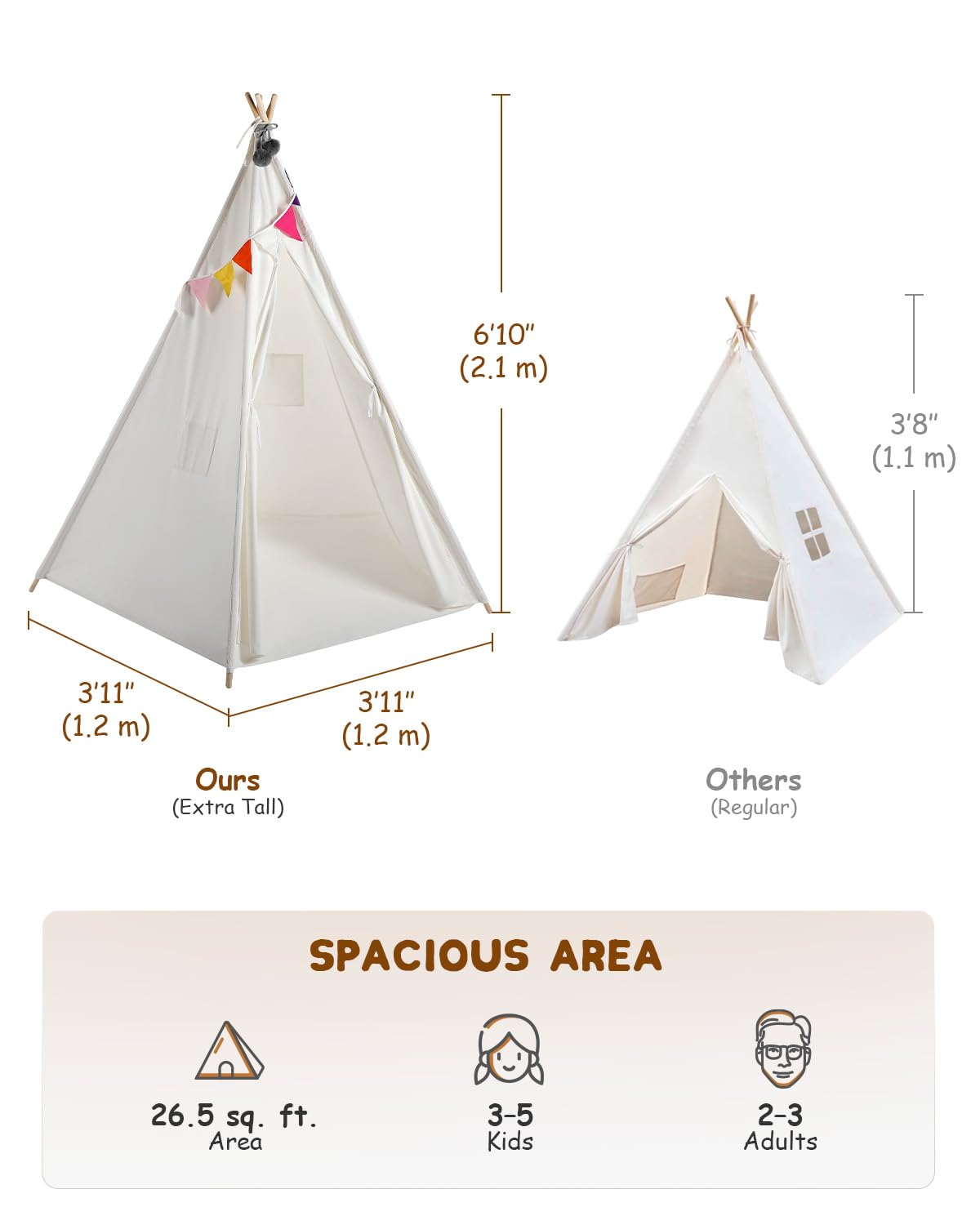 CO-Z Larger 85" H Kids Teepee Play Tent, Tall Foldable Teepee Outdoor, 2.1m Large Indoor Canvas Teepee Tent for Adults, 5 Sides Party Picnic Wedding Teepee Tent with Storage Bag