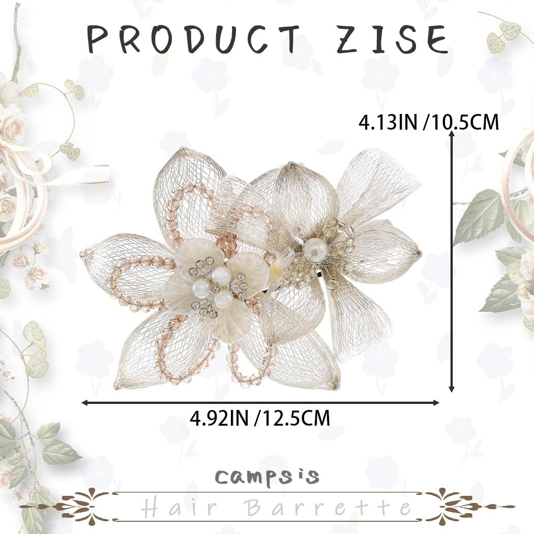 Campsis Wedding Hair Piece Pearl Bridal Headpiece Flower Bride Hair Barrettes Copper Wire Wedding Hair Accessories for Women and Girls