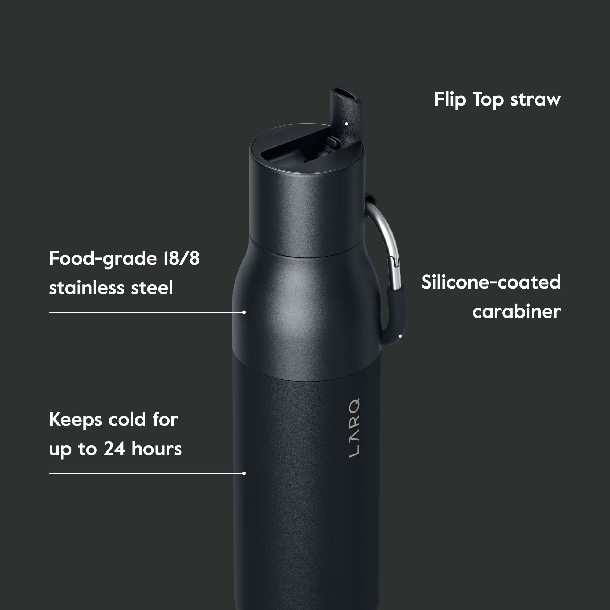 LARQ Bottle Flip Top 25 oz - Insulated Stainless Steel Water Bottle With Straw | Thermos, BPA Free | Reusable Water Bottle for Sports, Gym, and Travel | Keep Drinks Cold for 24 Hours, Obsidian Black