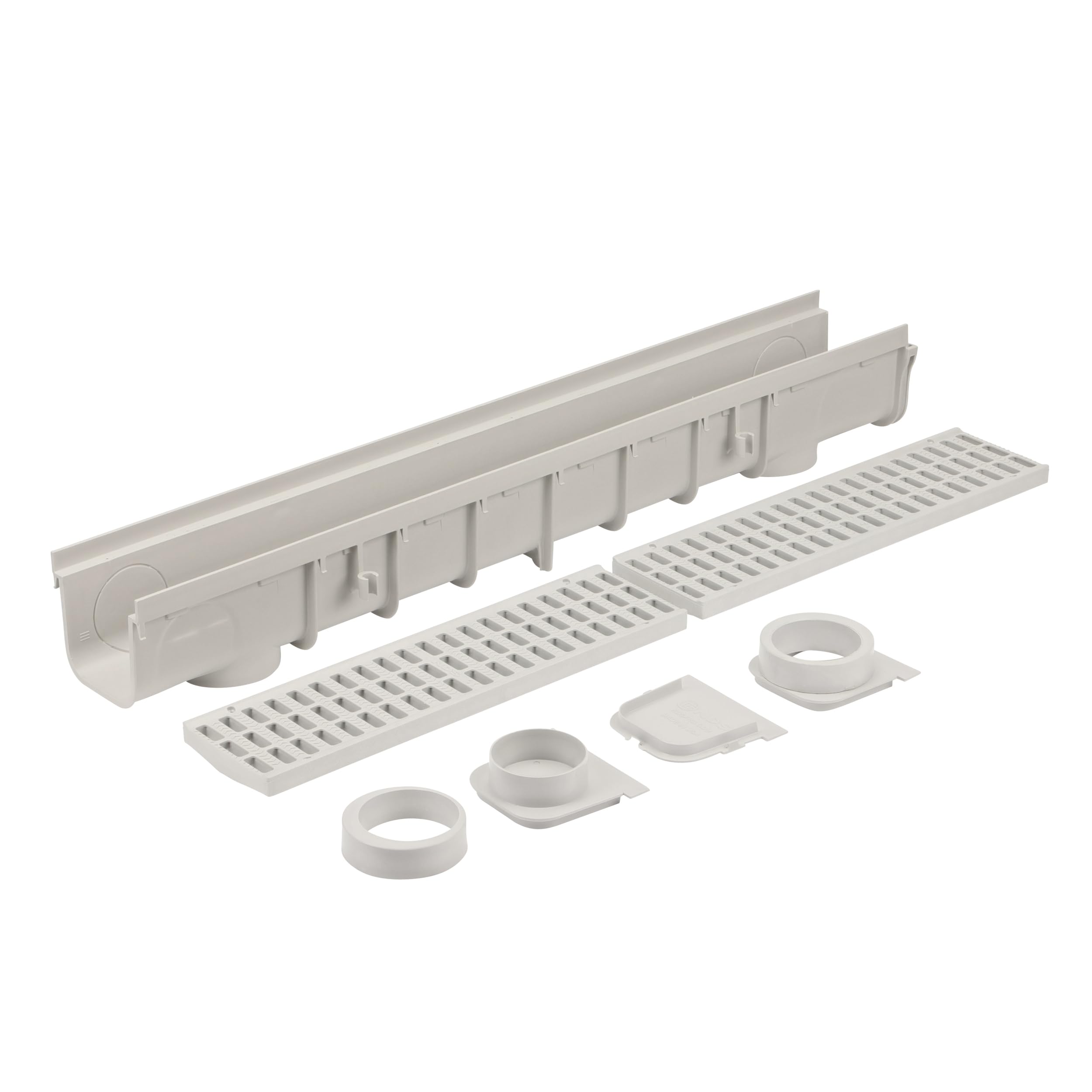 NDS 864G 5-Inch Pro Series Channel Drain Kit, 5-1/2-Inch X 39-3/8-Inch Deep Profile Channel, Includes Two Gray Plastic Grates, End Caps/Outlet, for Driveways, Patios & Pool Decks, Gray