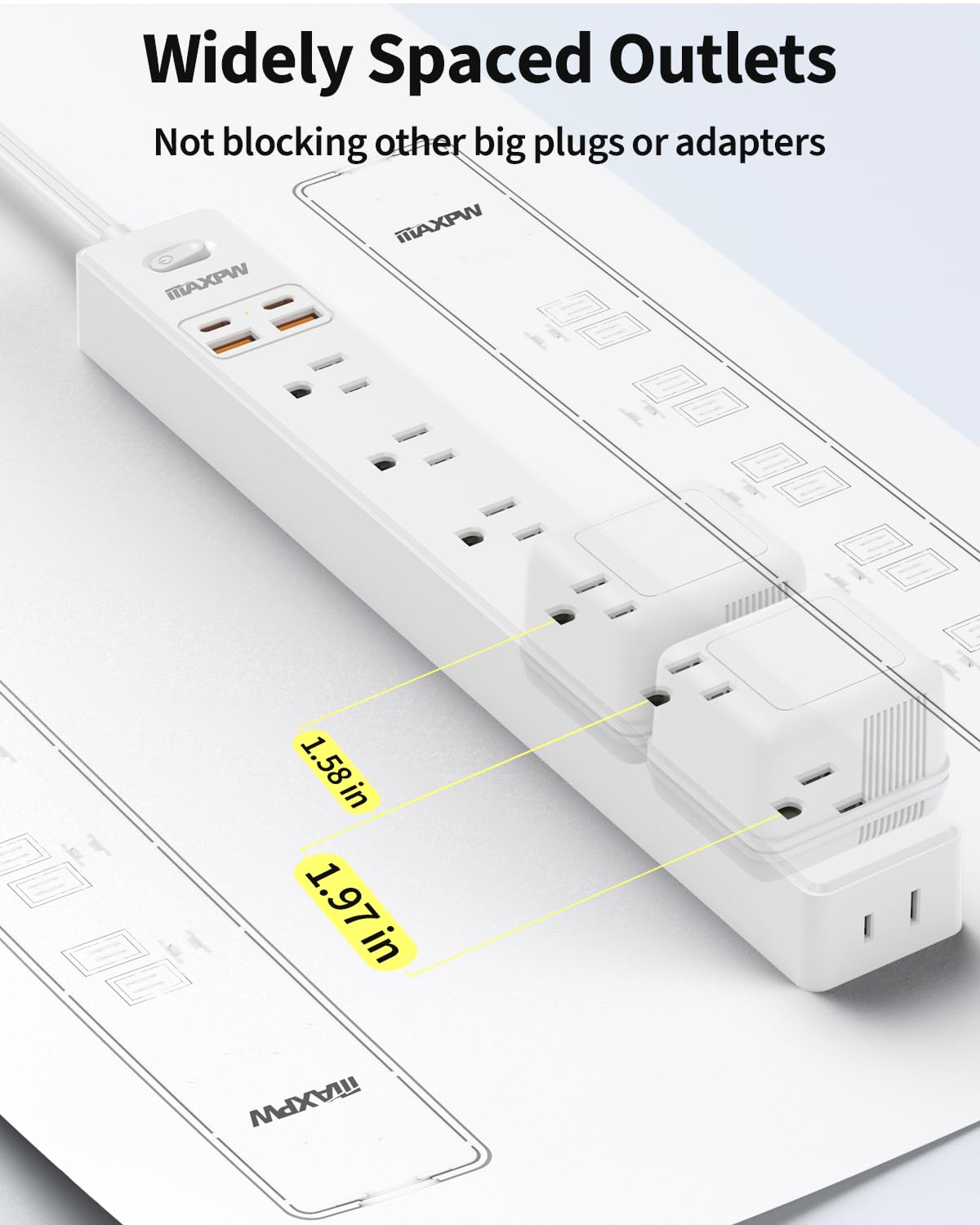 15 Ft Power Strip Surge Protector - 7 Outlets 4 USB Ports (2 USB C), Maxpw Ultra Thin Flat Extension Cord & Flat Plug, 1700 Joules, Wall Mount, Desk Charging Station for Home Office Dorm, White