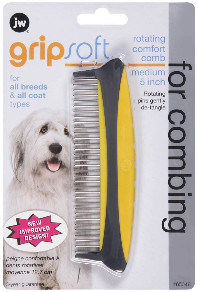 JW Pet Rotating Comfort Comb Grey; Yellow Medium 5 in