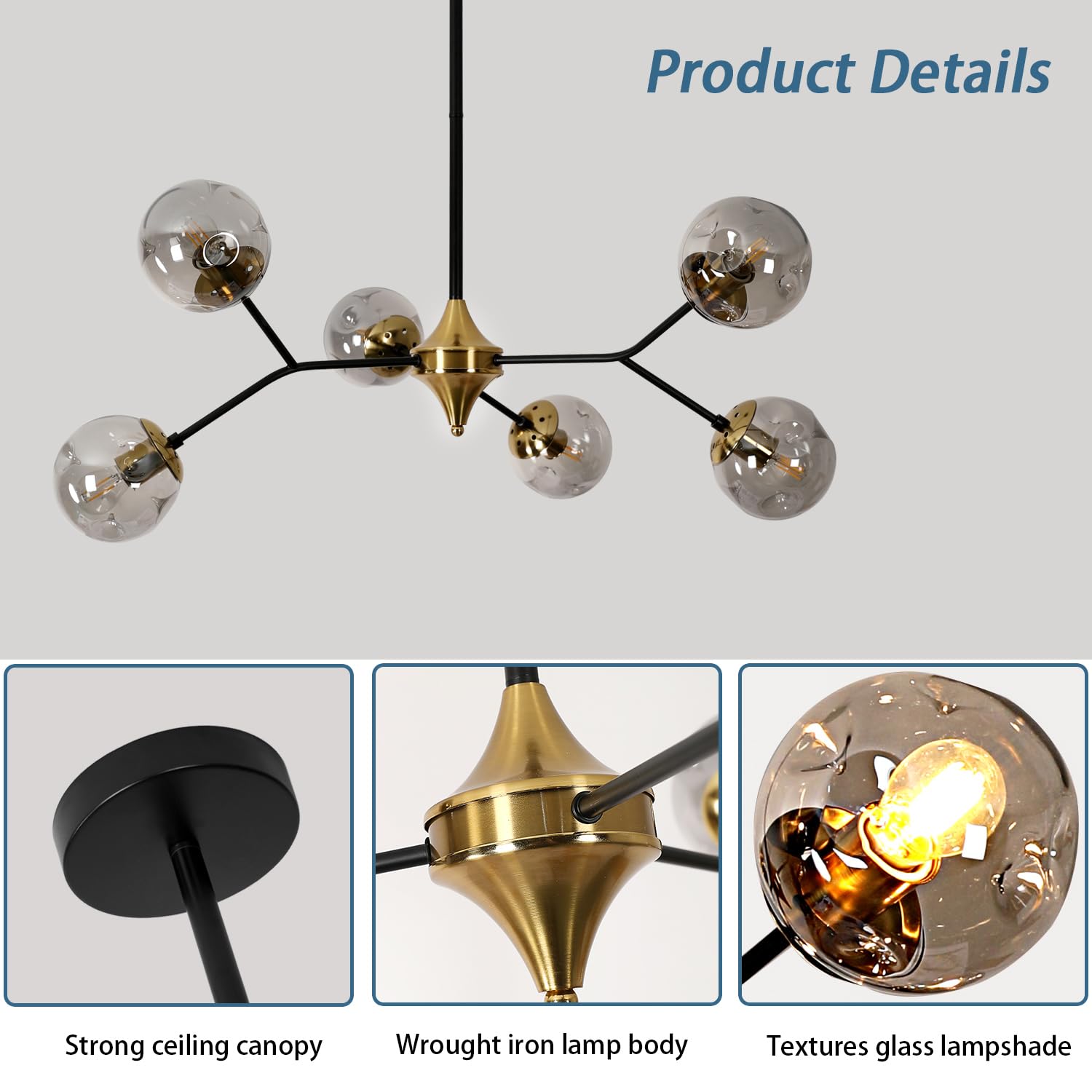 DELIPOP Glass Sputnik Chandelier, 6-Light Black and Gold with Smoke Gray Glass Lampshade Chandelier, E26 Mid Century Modern Pendant Light Fixture for Dining Room, Living Room, Kitchen