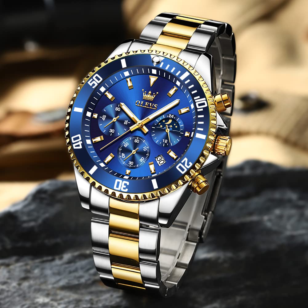 OLEVS Mens Watches Blue Chronograph Luxury Dress Moon Phase Quartz Stainless Steel Waterproof Luminous Business Calendar Wrist Watch