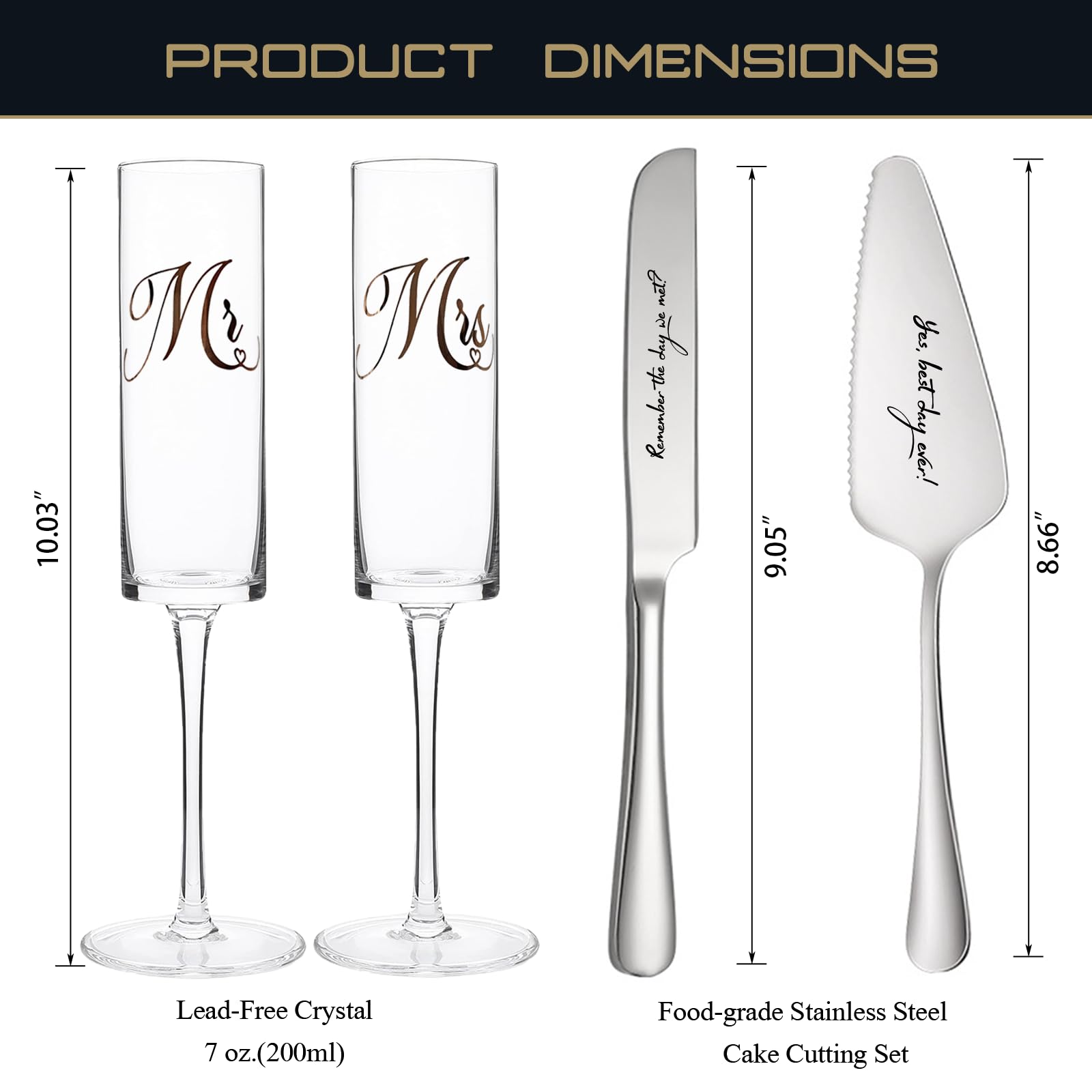 Yeegook Wedding Gifts for Bride and Groom, Mr and Mrs Champagne Flutes, Bridal Shower Gifts, Engagement Gift, Wedding Toasting Glasses with Cake Cutting Set for Wedding, Anniversary