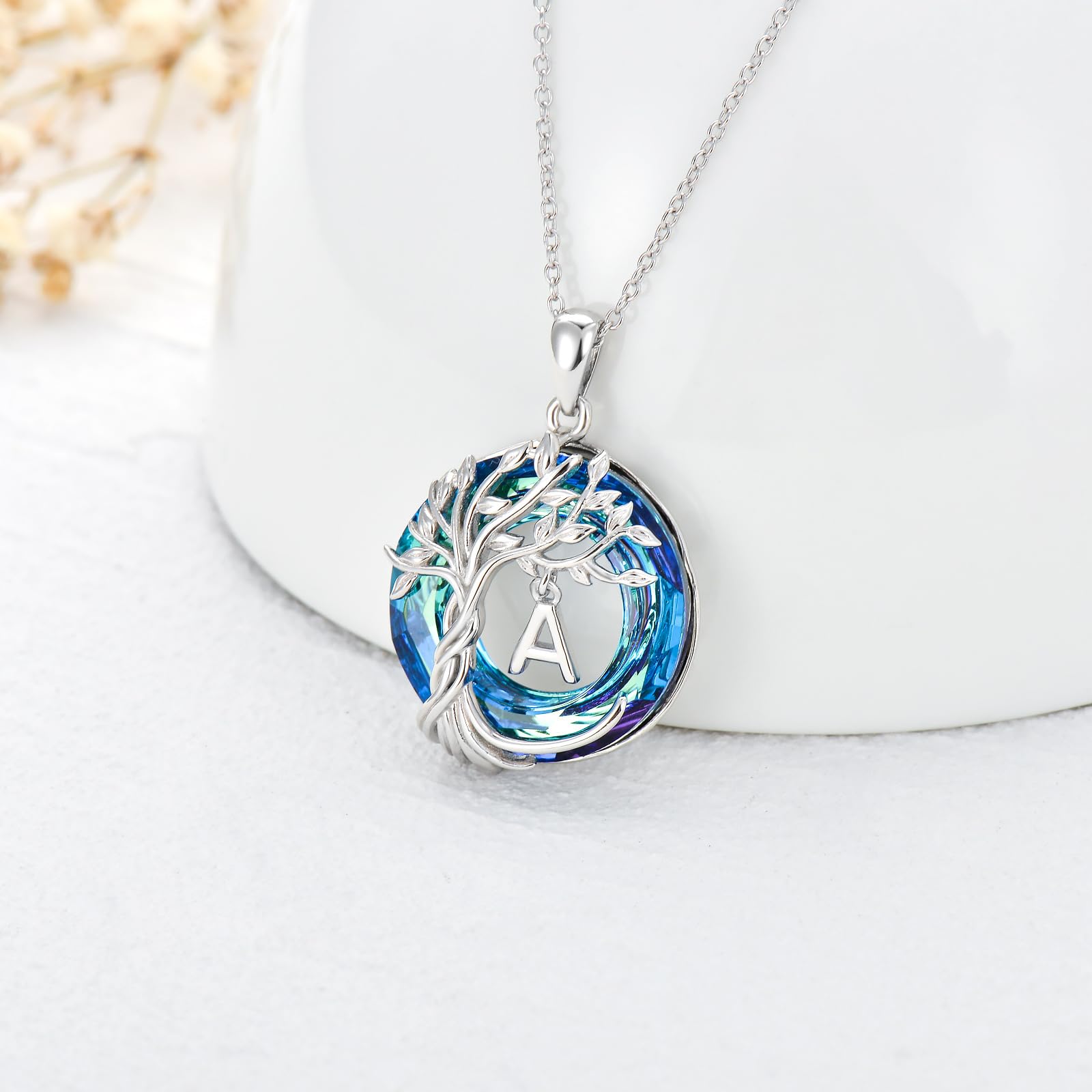 TOUPOP Christmas Gifts Necklace for Women Tree of Life Initial A Letter Pendant Necklace Sterling Silver Irish Tree Jewelry Blue Circle Crystal Anniversary Birthday Gifts for Her Girlfriend Wife Mom