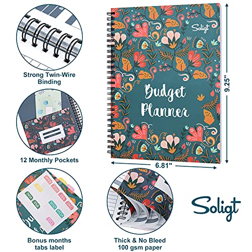 Soligt Budget Planner 2024, Monthly Budget Book Bill Organizer with 12 Pockets, Undated Home Finance Money Expense Saving Debt Tracker Notebook, 1 Year, Blue Floral, Spiral Design