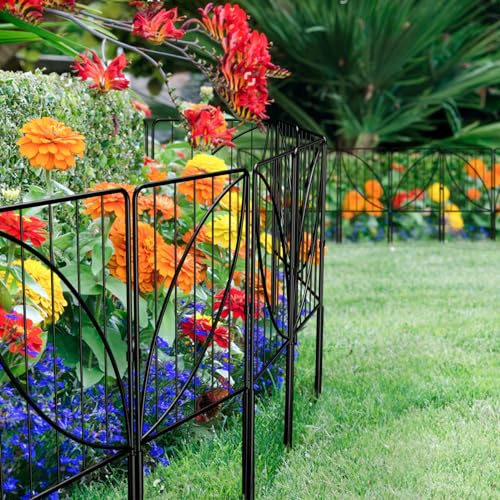 UIRWAY 10 Panels Garden Fences and Borders, Total 10.8ft(L) x 24in(H) Decorative Garden Fence with Leaf Pattern, Rustproof Metal Rabbit Fence for Garden, Small Garden Edging Fence for Outdoor