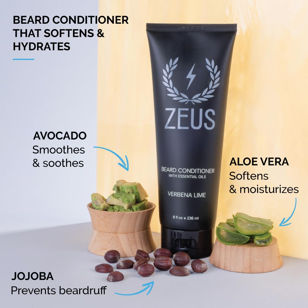 ZEUS Beard Wash & Beard Conditioner Set with Green Tea for Men, Soften, Hydrates & Moisturizes - MADE IN USA (Verbena Lime)