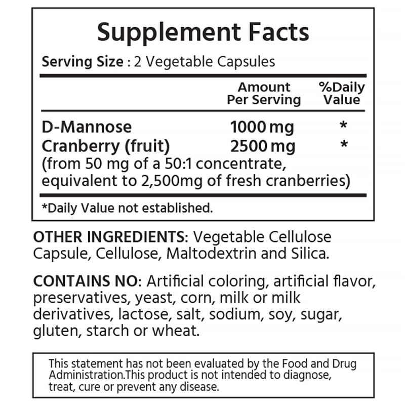 ML Naturals D-Mannose 1000 mg, Cranberry 2500 mg/serving, 120 Vegetable Capsule. Healthy urinary system, All-Natural, and Non-GMO.