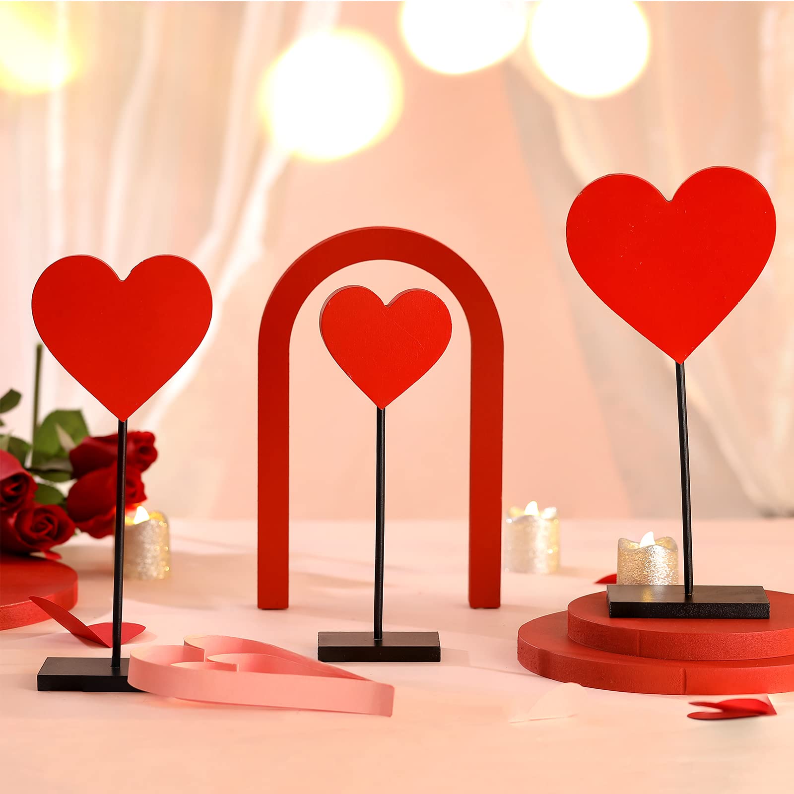 Spiareal 3 Pcs Valentine's Day Heart Wooden Sign Heart Shape Tall Standing Table Sign Love Decor Valentine's Day Wooden Signs for Home Farmhouse Table Centerpiece Decorations(Classic)
