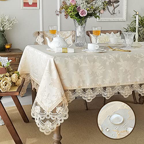 SUTAVIA Jacquard Lace Tablecloth Waterproof Farmhouse Floral Design Table Cover Classic Antique Flower Decor Macrame Elegant Tabletop Home Kitchen Dining(Champagne, Square, 33 x 33 Inch,1-3 Seats)