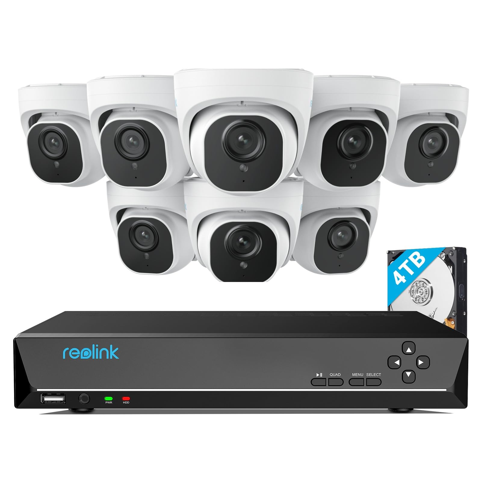 REOLINK 4K Security Camera System Wired, 8pcs H.265 Dome 4K PoE Cameras for Home Security Outdoors, Smart Person Vehicle Detection, 16CH NVR with 4TB HDD for 24-7 Recording, RLK16-800D8