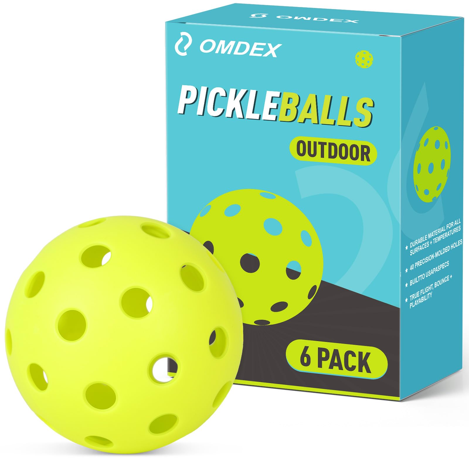 OMDEX Pickleball Balls, 40 Holes Outdoor Pickleball Balls 6-Pack, Premium & Durable Green Pickle Balls, Accessories for Pickleball Paddle, Pickle Ball Equipment