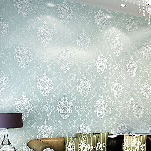 Q QIHANG DAWEI 3D Luxury Damask Pearl Powder Non-Woven Wallpaper Roll for Living Room Light Blue Color 1.73'W x 35.8'L