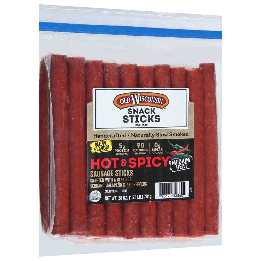 Old Wisconsin Hot & Spicy Sausage Snack Sticks, 28oz Resealable Package, Naturally Smoked, Ready to Eat, High Protein, Low Carb, Keto, Gluten Free