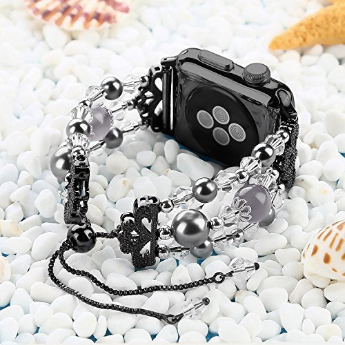 TOMAZON Beaded Bracelet Compatible with Apple Watch Band 38mm 40mm 41mm Series Ultra 8 7 6 SE 5, Glitter Crystal Pearl Elastic Stretch Adjustable iWatch Wristbands for Women Girls(Blue/Silver)