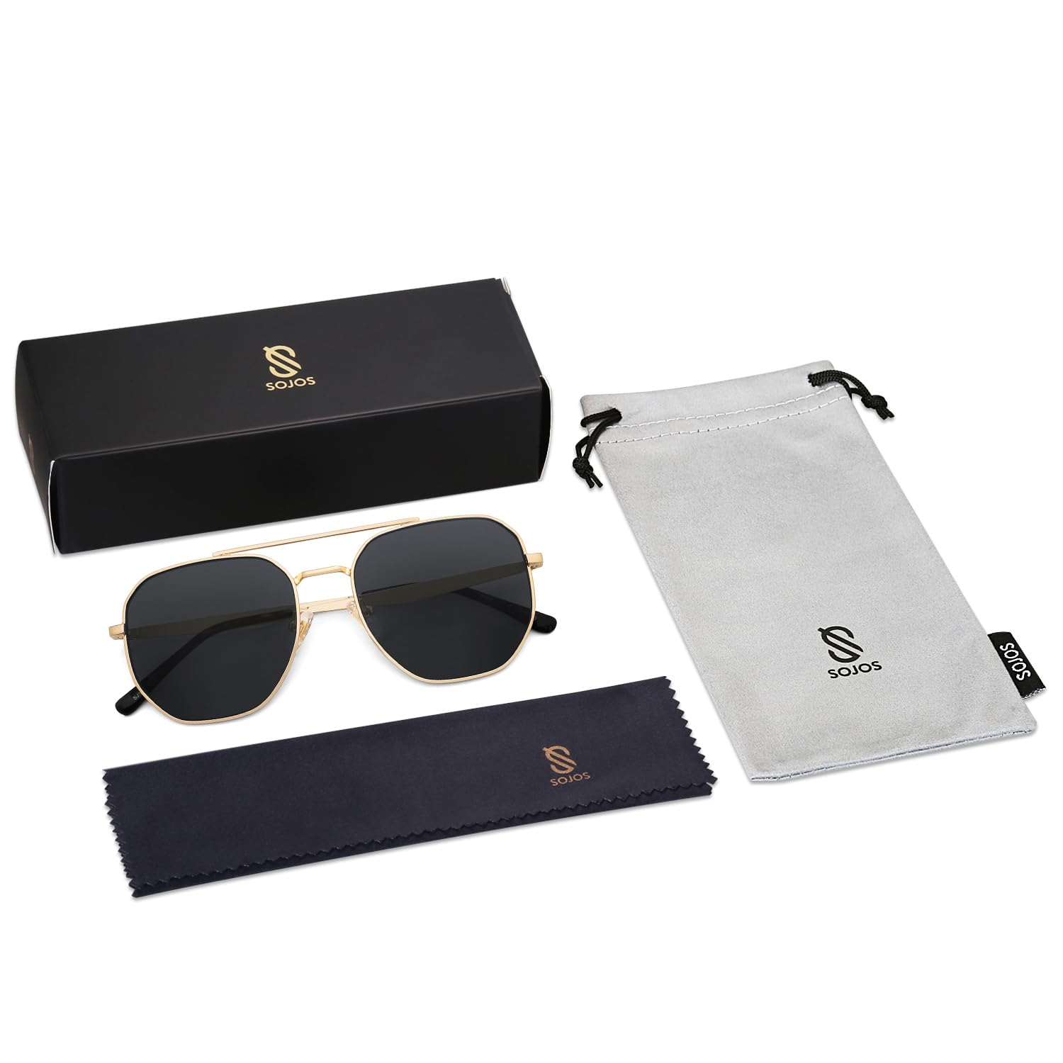 SOJOS Classic Square Aviator Sunglasses for Women Men Retro Hexagon UV400 Protection Shades SJ1222, Bright Gold/Black