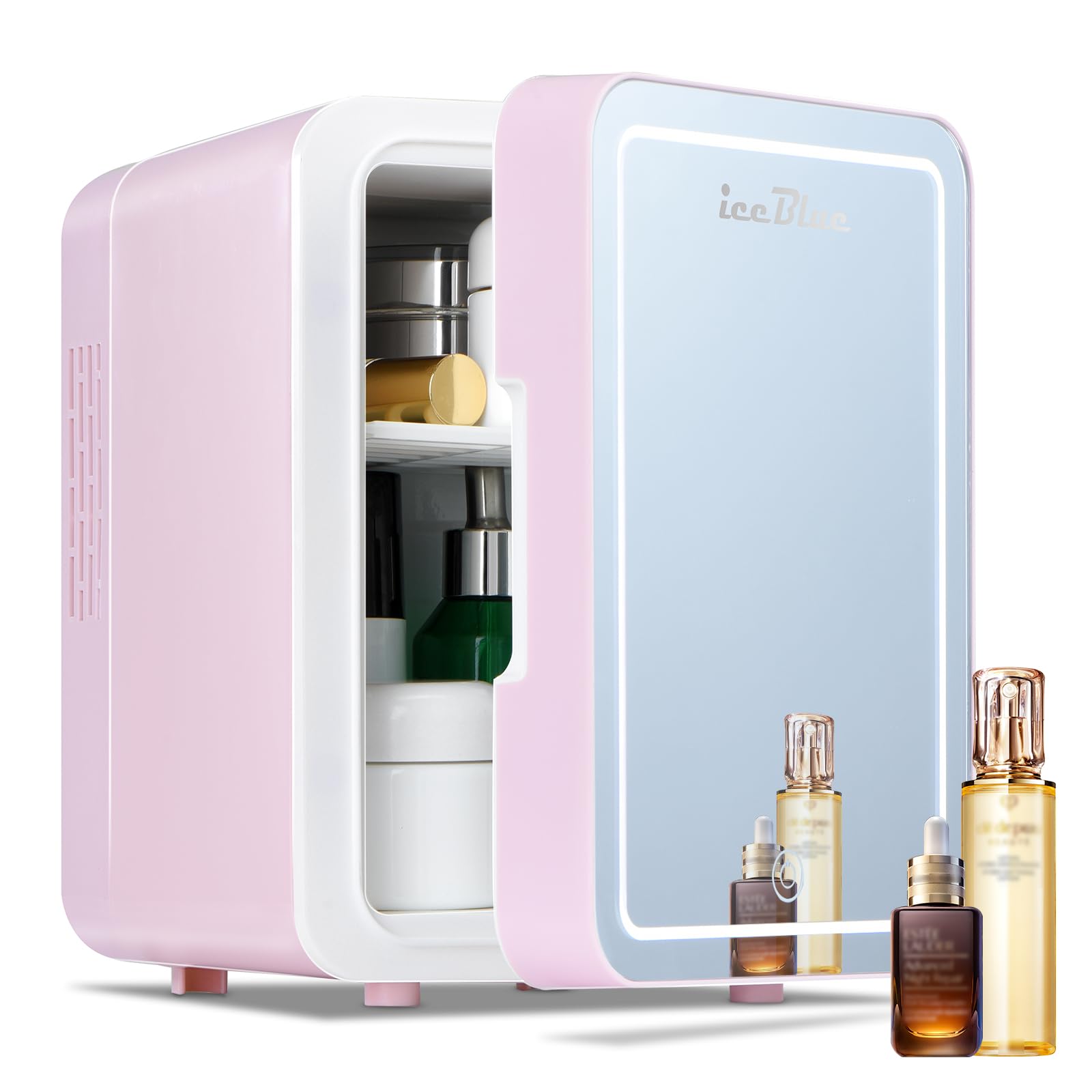 Iceblue Skincare Fridge With Dimmable LED Light Mirror, Mini Beauty Refrigerator, Thermoelectric Cooling and Warming Function for Cosmetics and Skincare, AC & DC, 4L- Pink