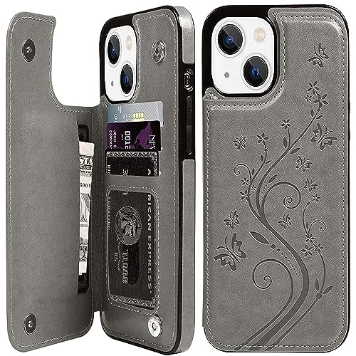 Mavis's Diary Flip Case Compatible for iPhone 15 Wallet Case PU Leather Folio Cover, Phone Case Floral Butterfly Soft Silicone Bumper with Card Holder Kickstand Holster for Women-Grey