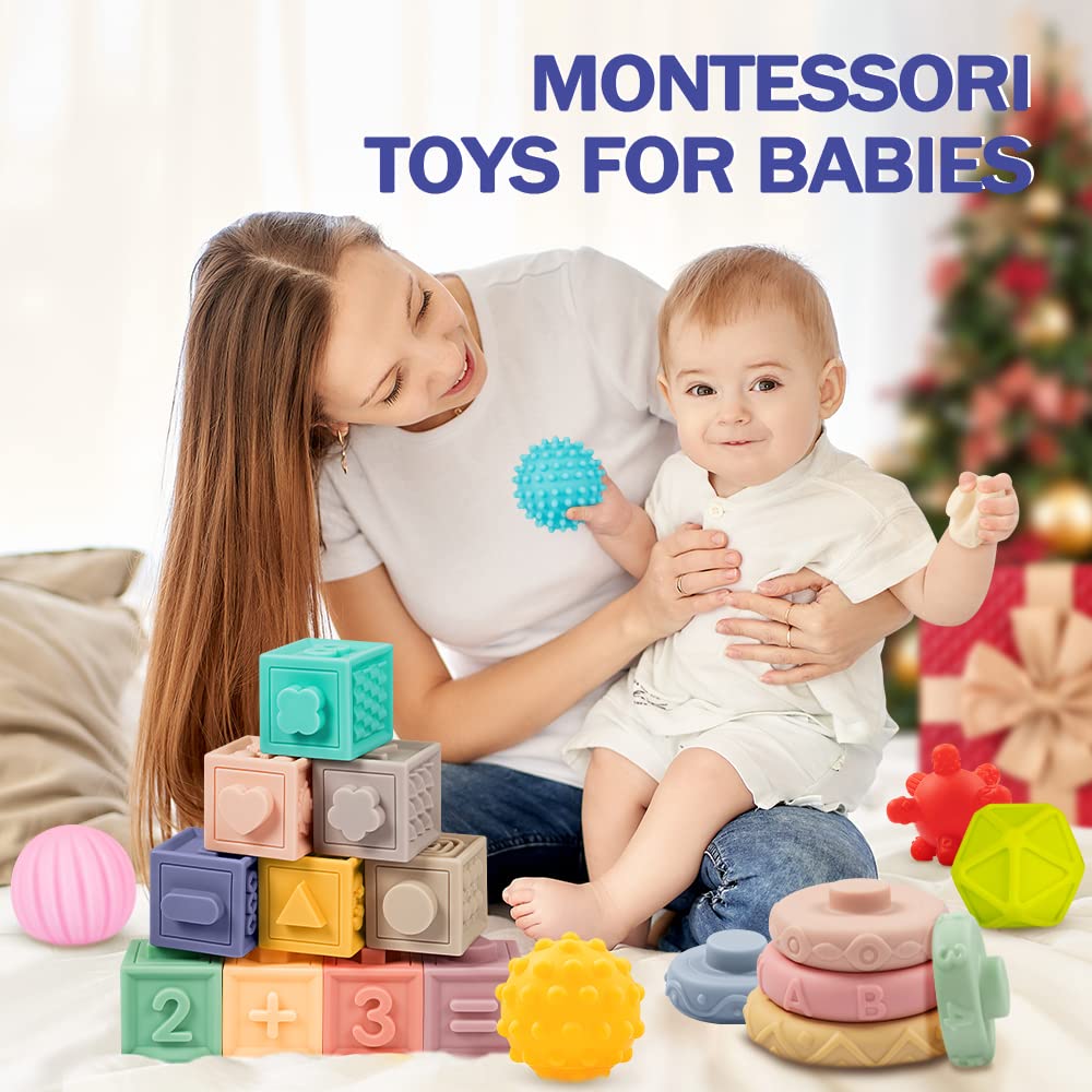 Jyusmile Baby Toys 6-12 Months, Montessori Toys for Babies 6-12 Months, Incl Stacking Building Blocks & Soft Infant Teething Toys & Sensory Balls for Toddlers 0-3-6-9-12 Months