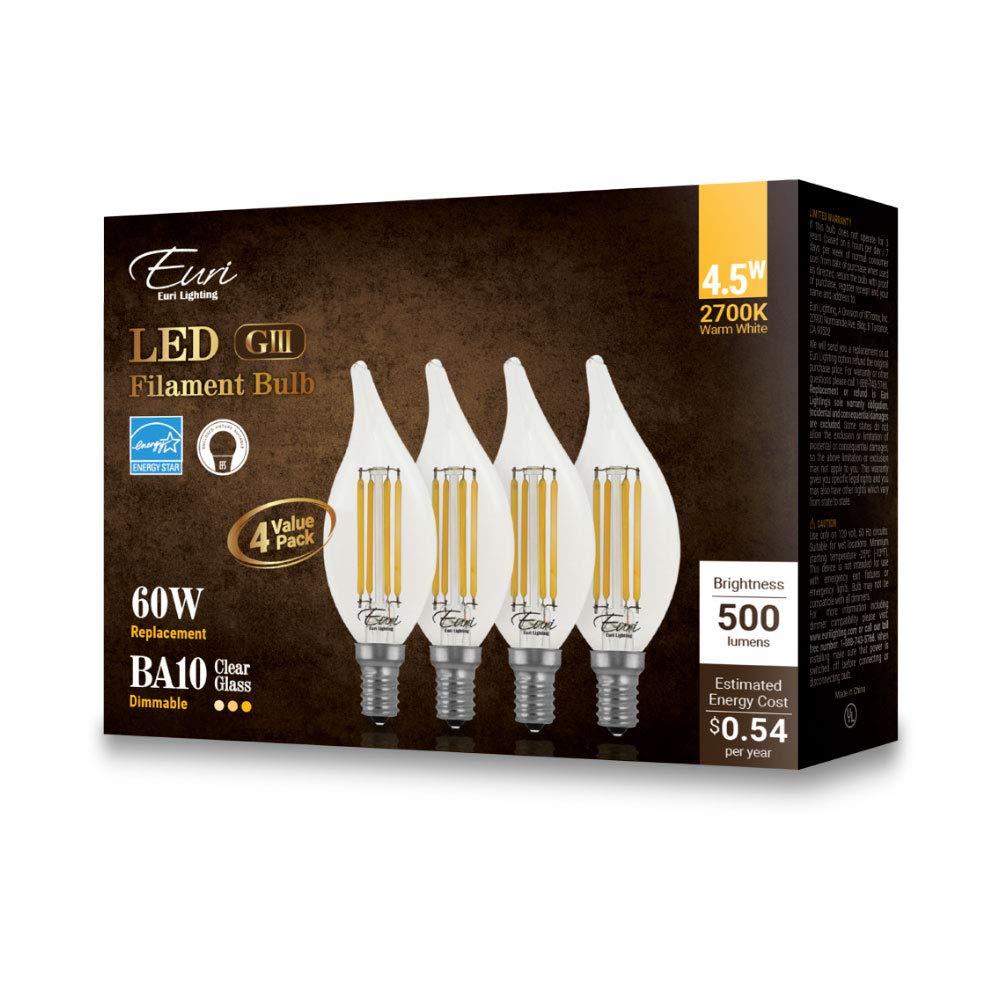 Euri Lighting VBA10-3020e-4, Dimmable LED BA10 Flame Tip Filament, 4.5W (50W Equiv) 500lm, 80 CRI, Warm White (2700K), E12, 120V, Wet Rated, UL, Energy Star, 3YR 15K HR WTY, 4-Pack