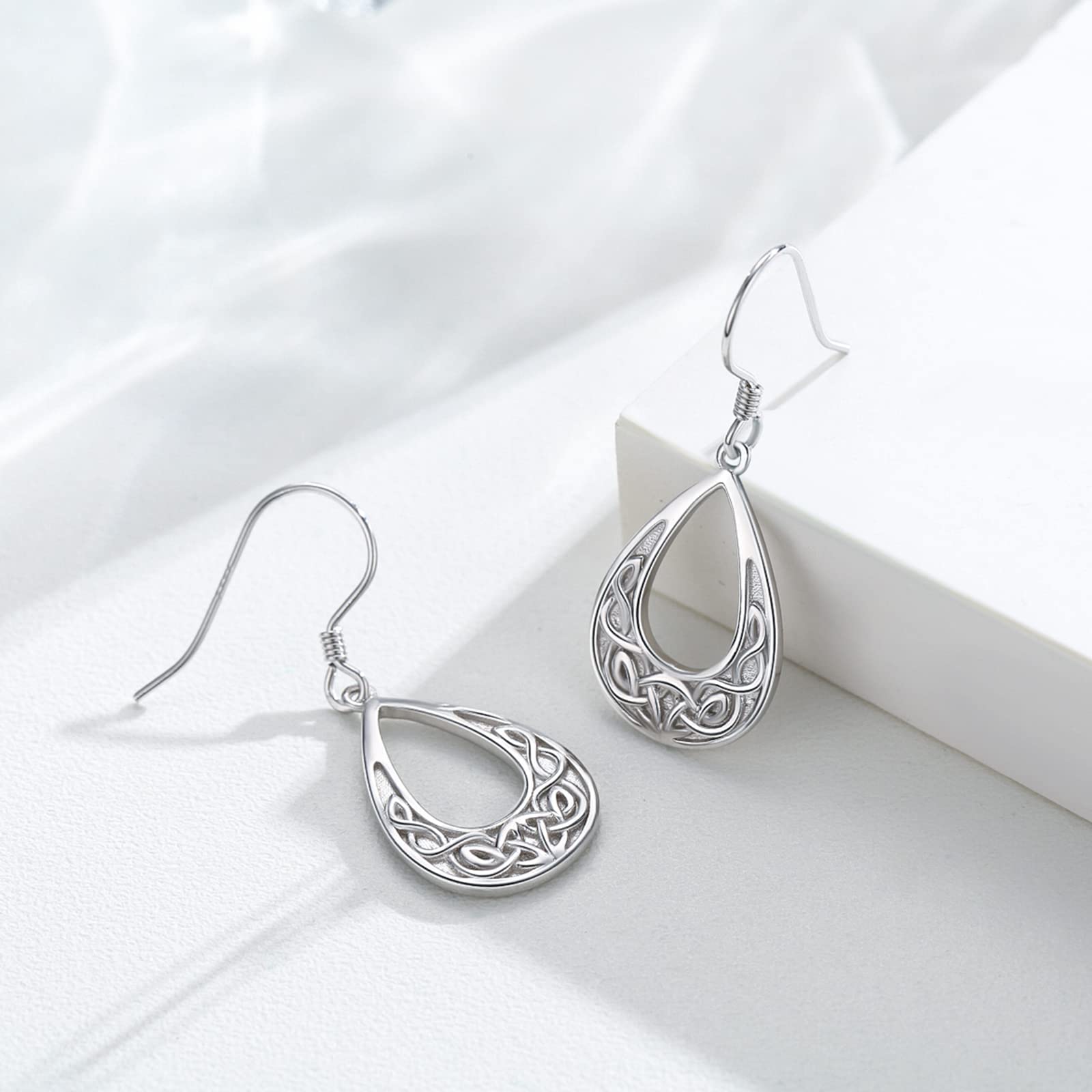 925 Sterling Silver Celtic Knot Earrings Triquetra Hypoallergenic Dangle Hook Earrings White Gold Plated Delicate Good Luck Irish Celtic Jewelry Christmas Gift for Women