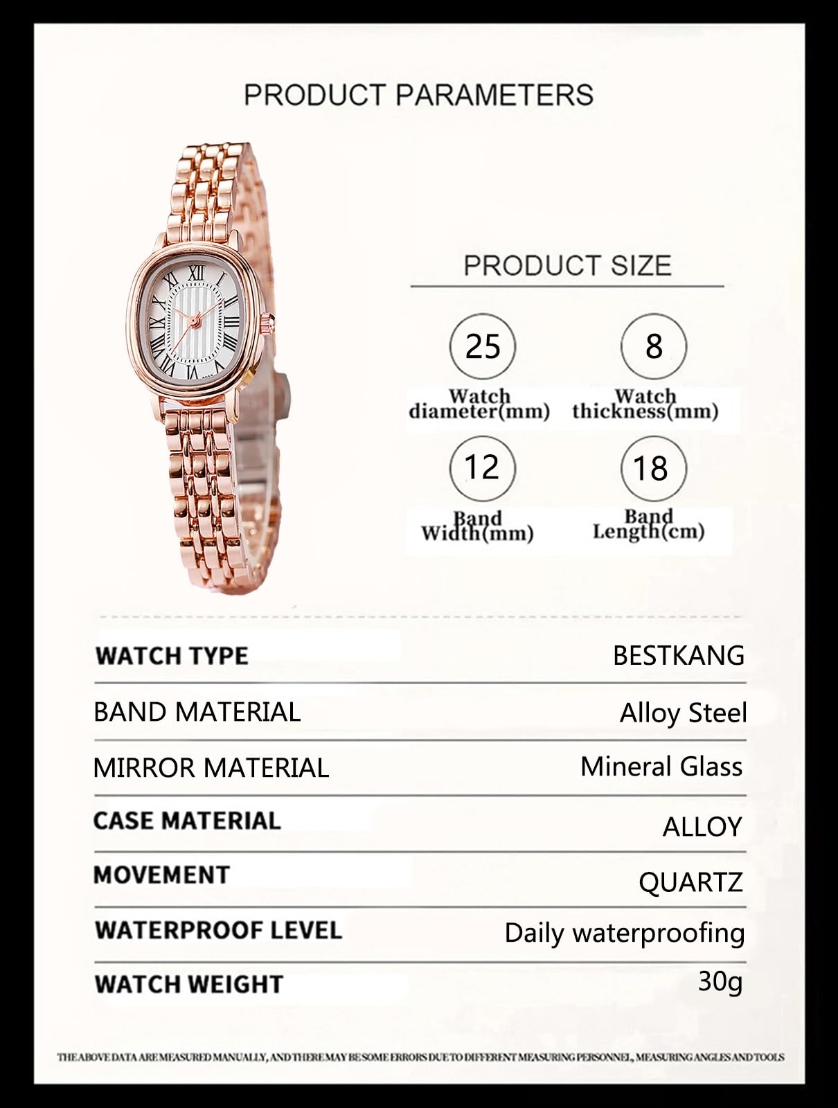 BESTKANG Vintage Oval Women’s Watch Roman Numeral Dial Fashion Waterproof Elegant Watches for Women,Adjustable Strap with Tool (Rose Gold White)