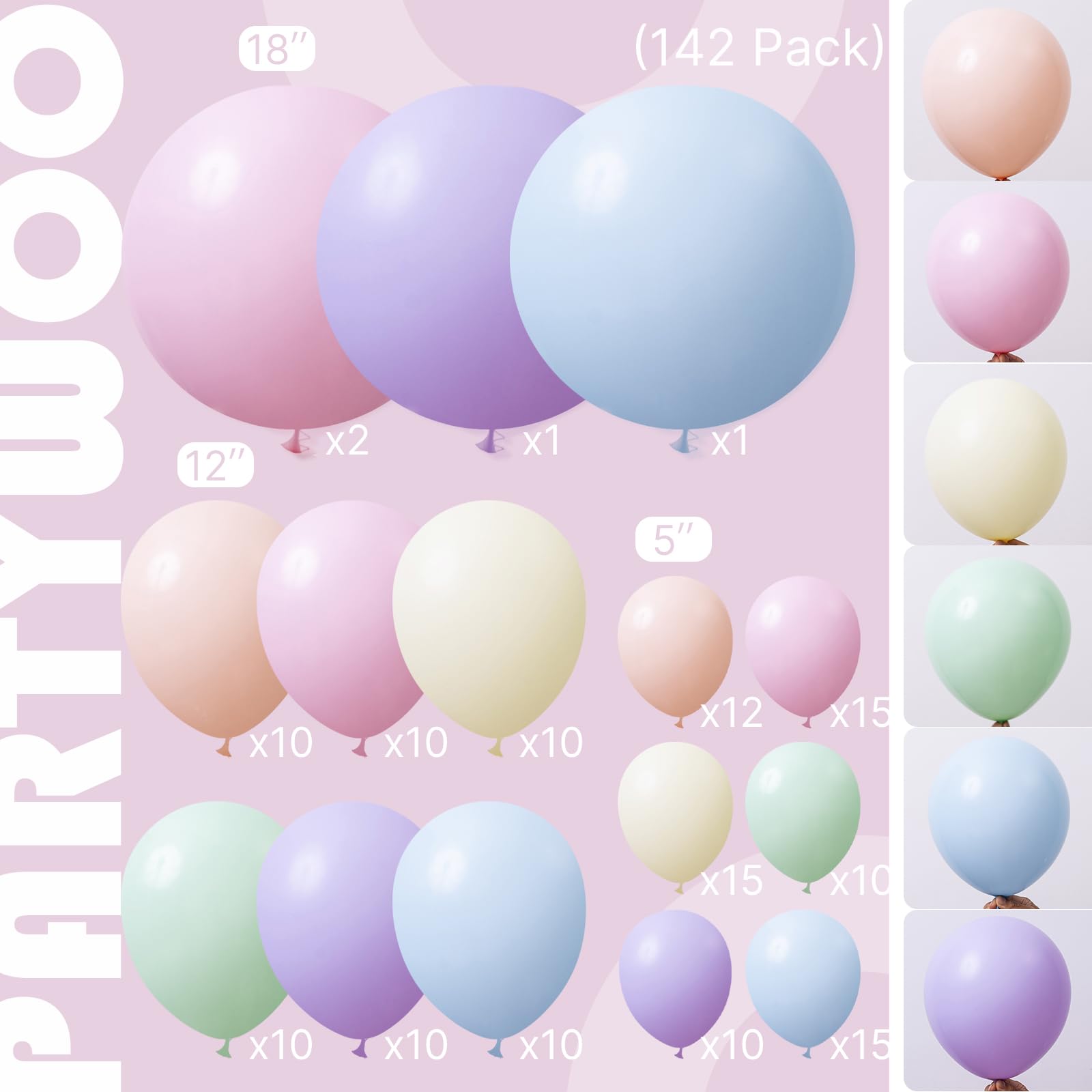 PartyWoo Pastel Balloon Arch Kit Garland 142pcs Different Sizes of 18 12 10 5 Inch Light Baby Pale Pink Blue Green Purple Yellow Orange Balloons for Baby Shower Graduation Birthday Party Decorations