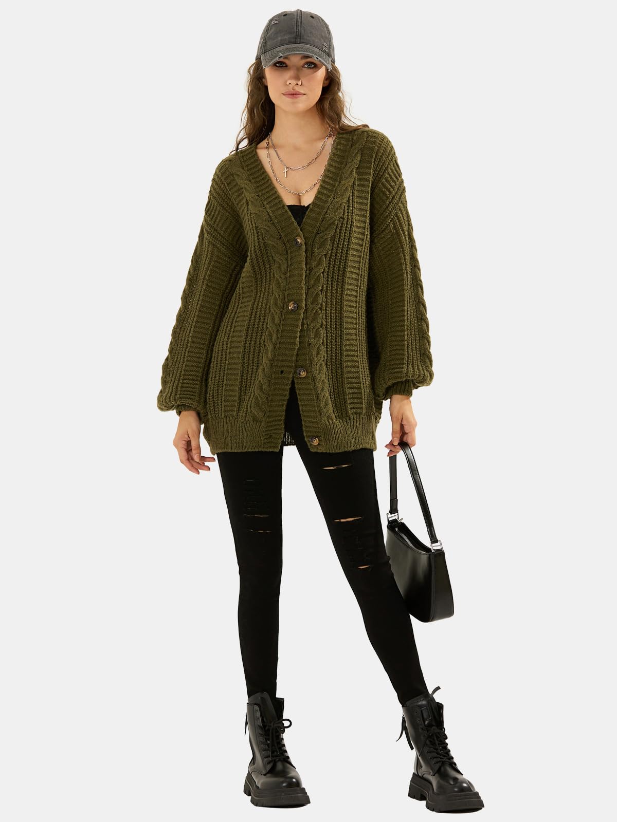 EXLURA Womens 2025 Oversized Cardigan Sweaters Fall Winter Lightweight Soft Knit Cardigan Open Front Button Outwear Coats Army Green