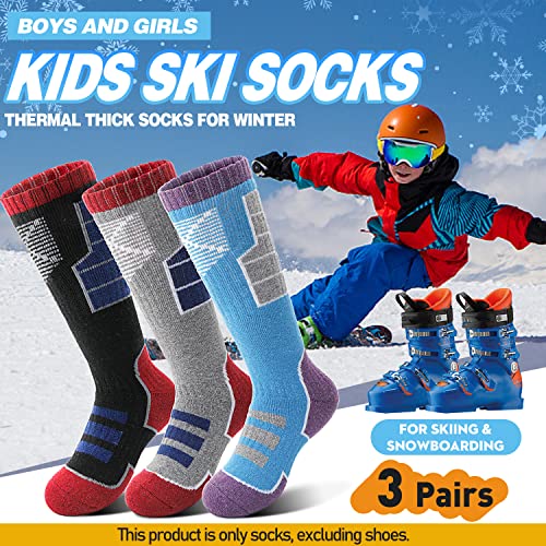 Anlisim Kids Merino Wool Ski Socks for Girls Boys Teen Thermal Winter Warm Thick Hiking Knee High Socks Stocking Stuffers for Skiing Snowboarding (Black/Grey/Blue B, 4-7 Y)