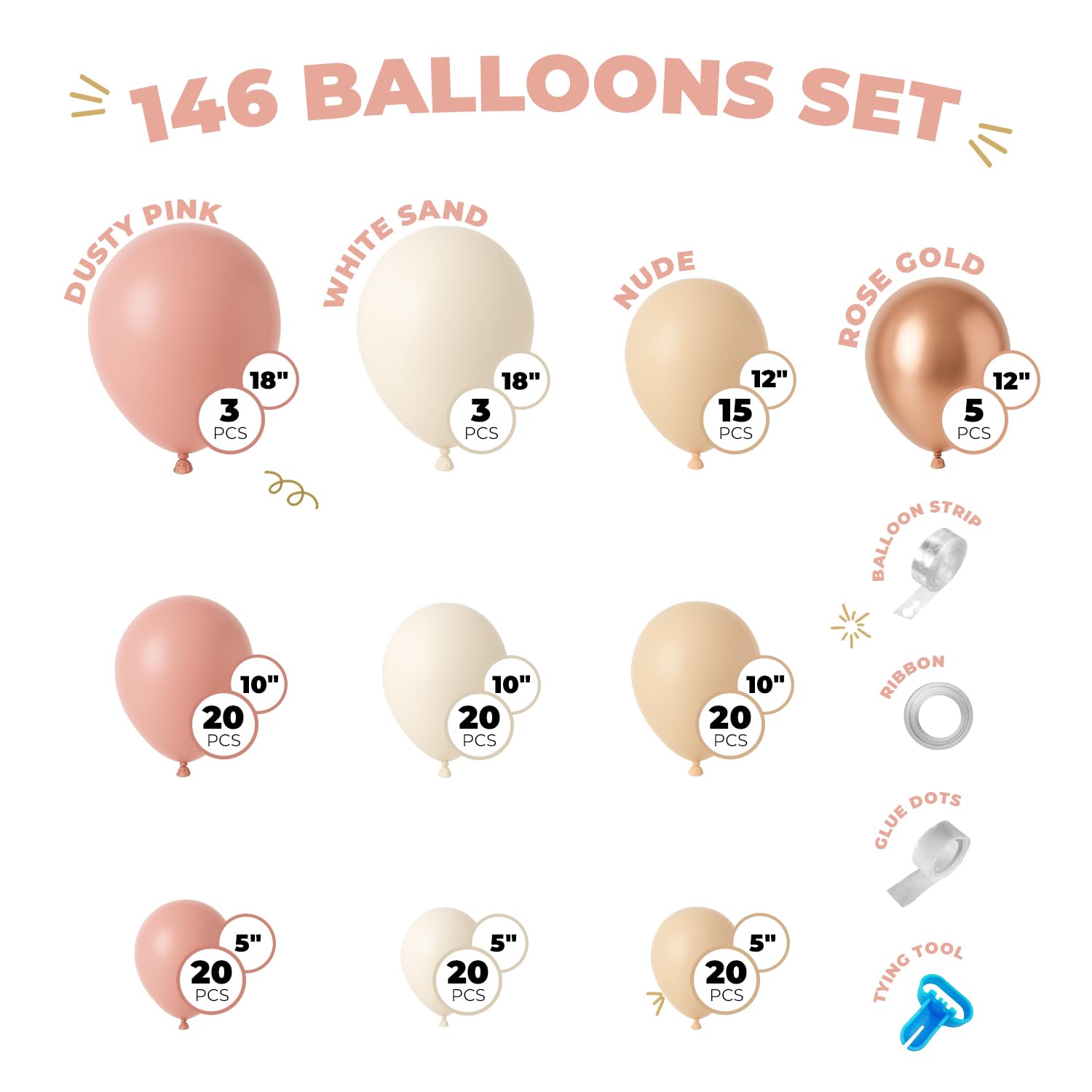 Balloon Garland Arch Kit – 146 Pcs Dusty Pink, White Sand, Nude & Rose Gold Balloons &Baby Shower Boxes with Letters – White Boxes with Rose Gold, Dusty Pink, Sand & White Balloons