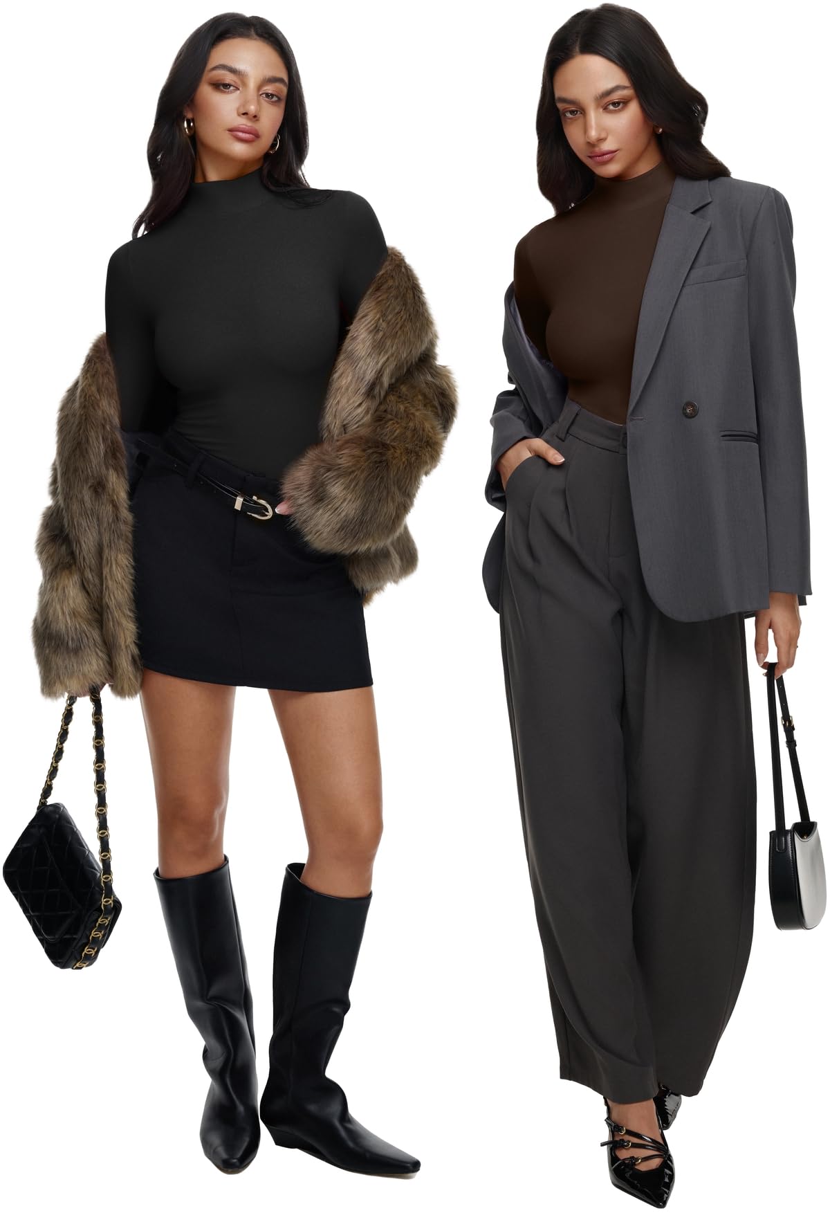 REORIA Women’s Turtleneck Tops Slim Basic Mock Neck Long Sleeve Shirts 2025 Fall Winter Layering Outfits Coffee Small