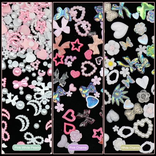 Anower 1400Pcs Pink White Assorted 3D Nail Charms Variety Heart Star Bow Round Flatback Nail Pearls Rhinestones Charms for Manicure Craft Accessories