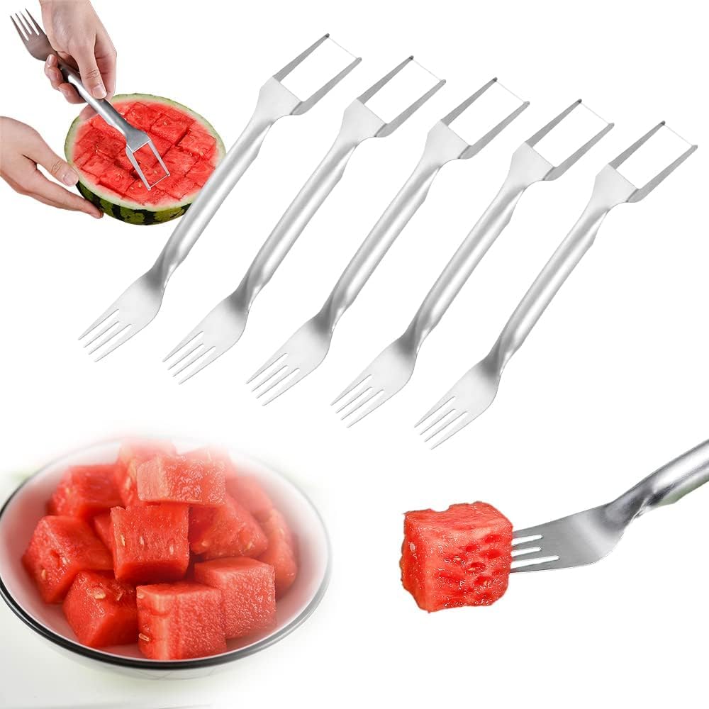 2-in-1 Stainless Steel Fruit Cutter, 2024 New Watermelon Fork Slicer Cutter Slicer Tool, Dual Head Fruit Forks Slicer Knife for Home Parties Camping (5Pcs)