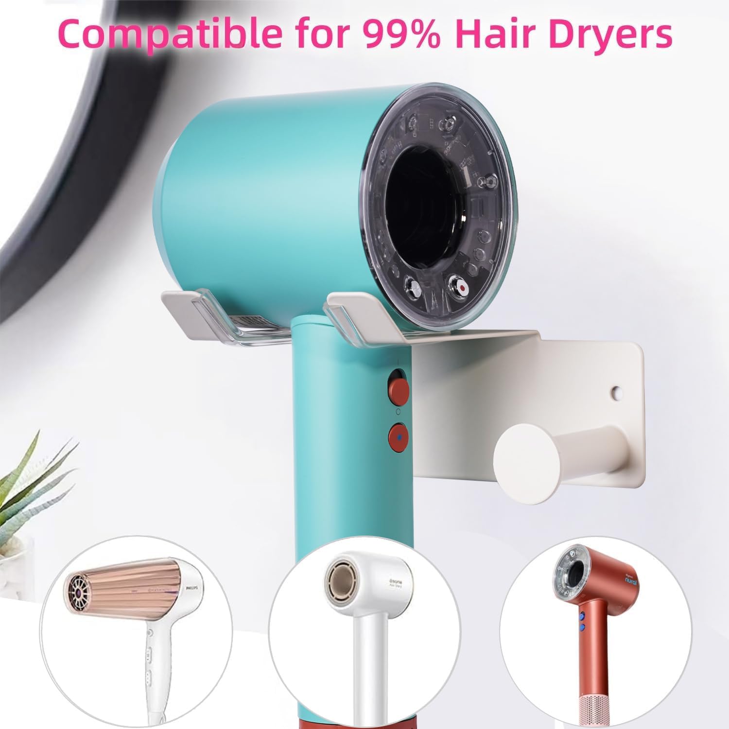 Hair Dryer Holder, HairDryer Holder Wall Mounted, Self Adhesive Blow Dryer Holder, Stainless Steel Hair Dryer Holder, Hairdryer Holder for Bathroom White BANJEKT