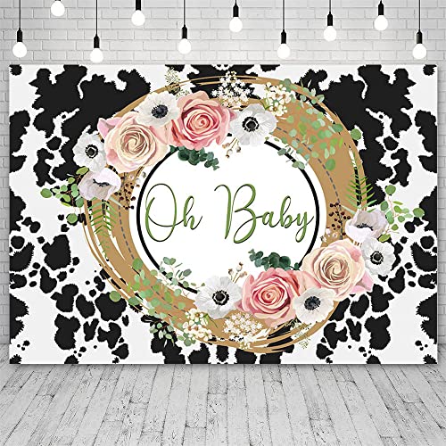 ABLIN 7x5ft Oh Baby Backdrop Black and White Cow Print Photography Background Pink Floral Holy Cow Baby Shower Banner Farm Cow Theme Baby Shower Decorations Photo Shoot Props, CQ327