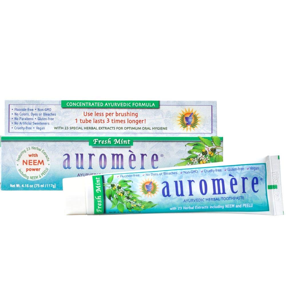 Auromere Ayurvedic Herbal Toothpaste, Fresh Mint - Vegan, Natural, Non GMO, Fluoride Free, Gluten Free, with Neem & Peelu (4.16 oz), 1 Pack