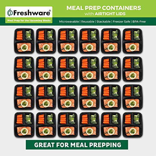 Freshware Meal Prep Containers [50 Pack] 3 Compartment Food Storage Containers with Lids, Bento Box, BPA Free, Stackable, Microwave/Dishwasher/Freezer Safe (24 oz)