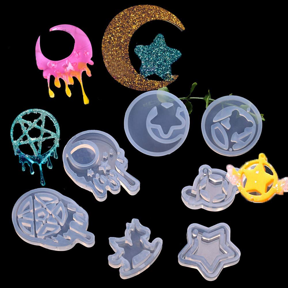11 Pack Resin Silicone Casting Molds Trays for DIY Jewelry Craft Making, Including Butterfly Cherry Blossom Wooden Horse Sailor Moon and Star Moon Molds