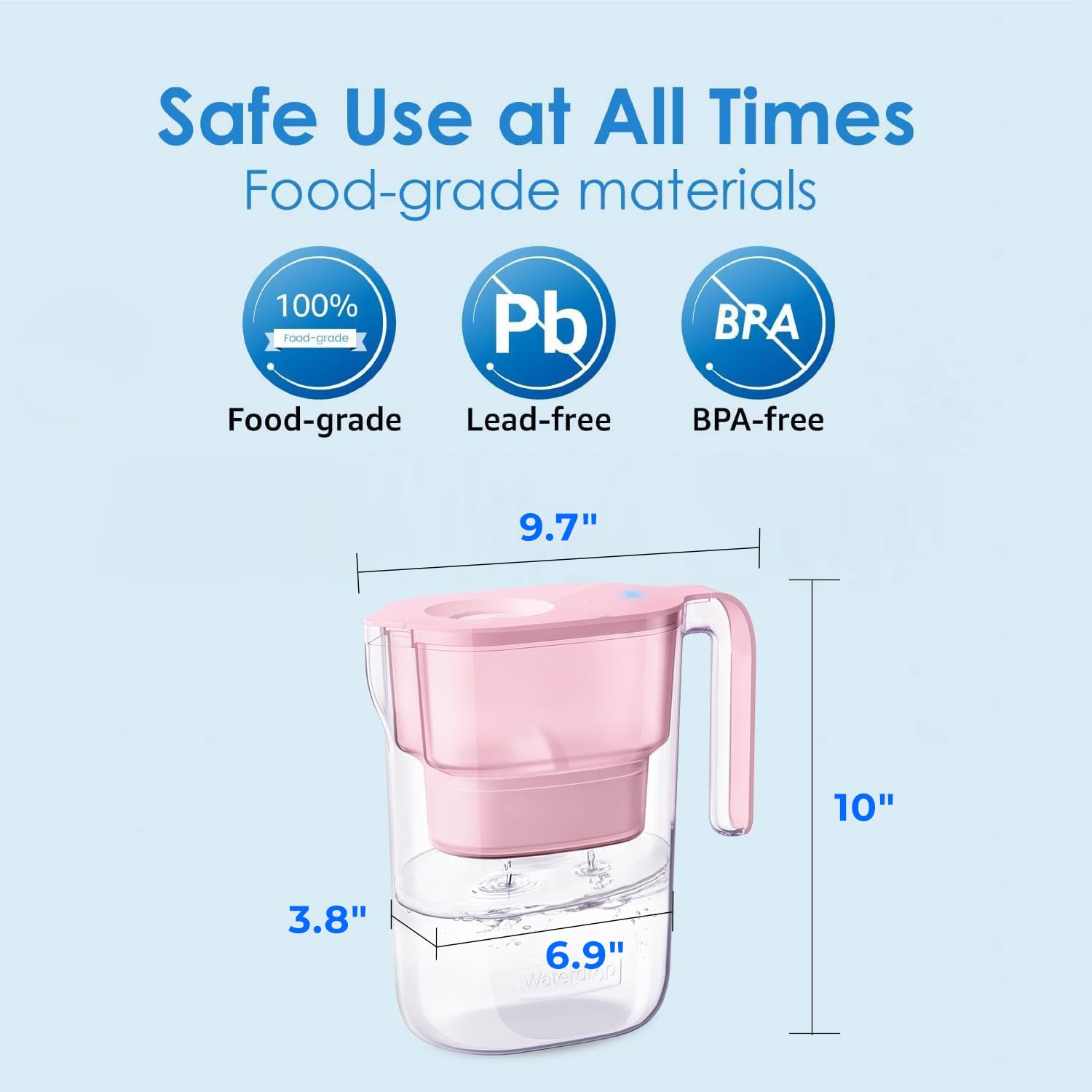 Waterdrop Water Filter Pitcher with 1 Filter, 5X Times Lifetime, Lasts 200 Gallons, for Fridge, Countertop and Gift, Reduces PFOA/PFOS, Chlorine, 7-Cup Capacity, Elfin, Pink