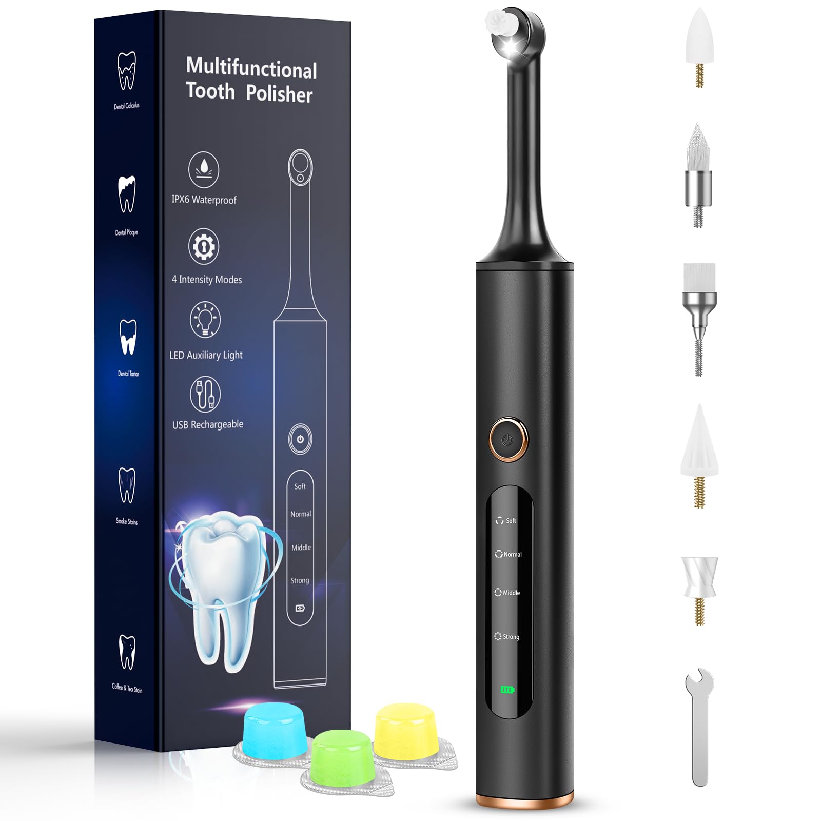 DyineeFy Tooth Polisher, Rechargeable Tooth Whitening Kit for Teeth Daily Whitening and Cleaning, Electric Dental Polisher with 3 Polish Pastes, 5 Brush Heads, 4 Speed Modes, Waterproof, and LED Light