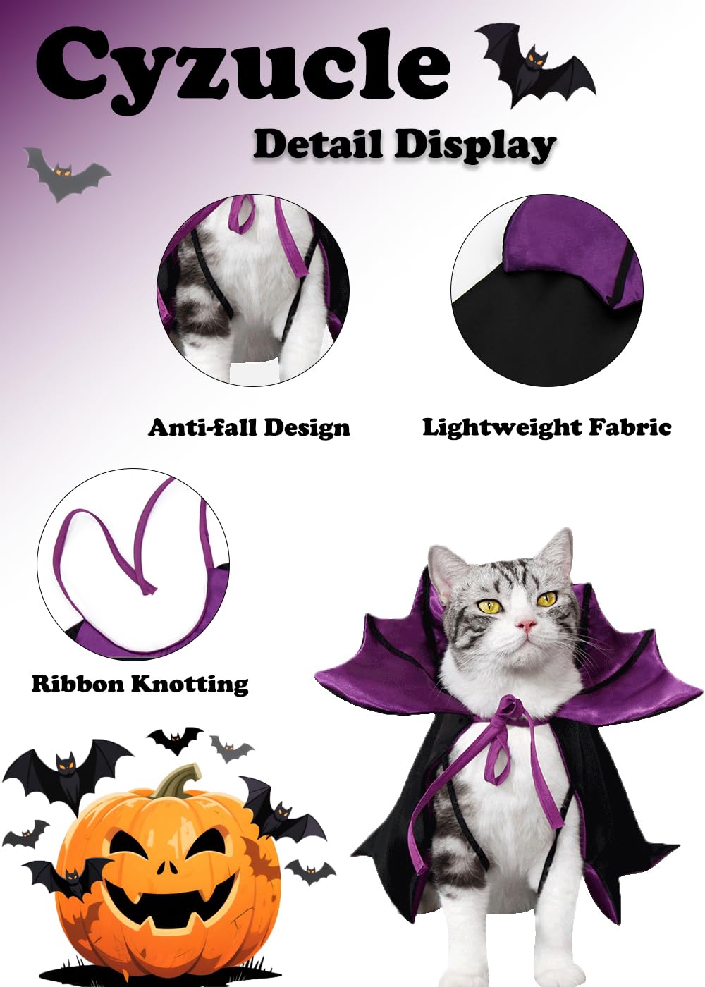 Cat Halloween Costume, Vampire Bat Wings Cape for Pets, Small Dog Halloween Costumes for Trick-or-Treating, Cosplay Events, Parties & Photos (Purple)