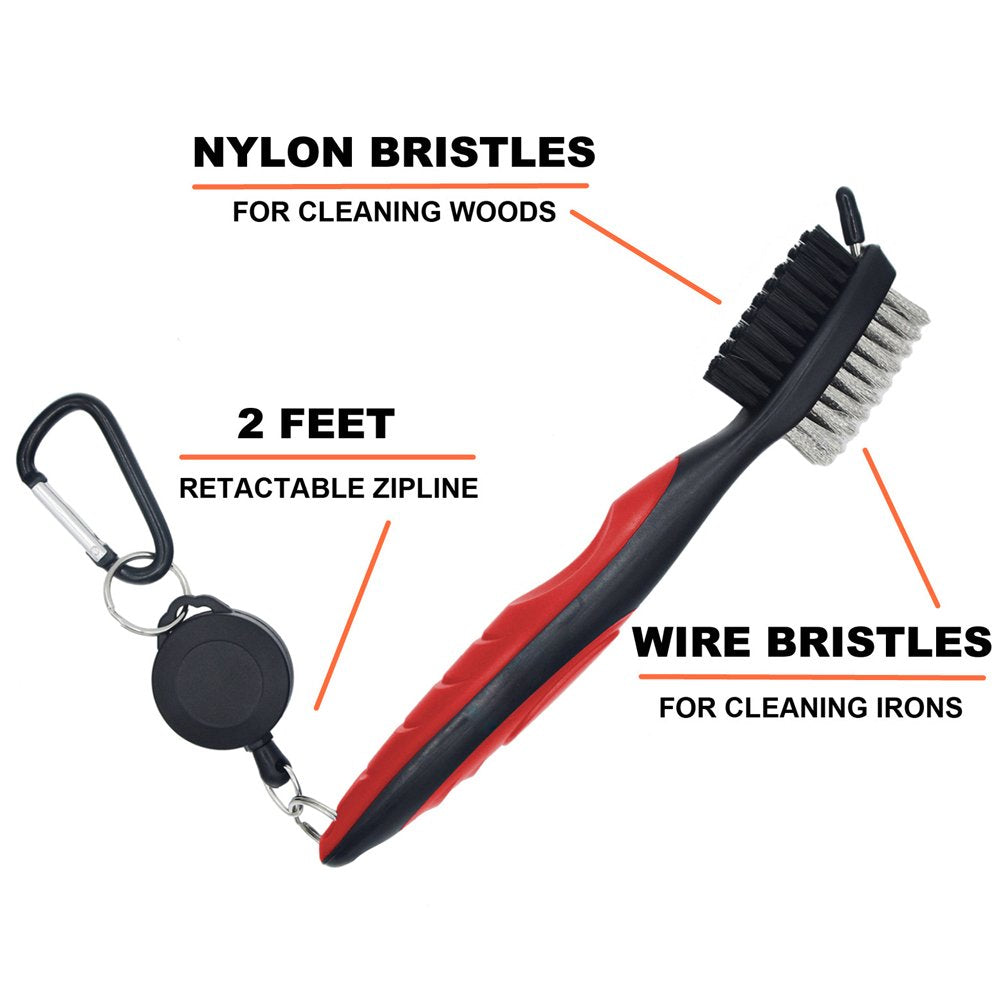 Golf Club Brush and Groove Cleaner Brush Brushes in 7 for Golf Shoes/Golf Club/Golf/Golf Groove, Attach 2 feet Retractable Zip-line Aluminum Carabiner (Red)