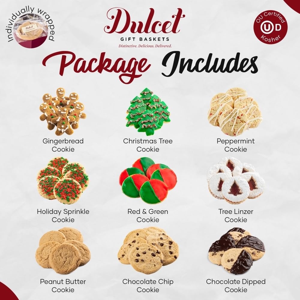 Dulcet Gift Baskets Christmas Assortment of Fresh Baked Cookies featuring Peppermint, Gingerbread Man, Chocolate Chip and many more ideal for Family, Friends, Him, Her, Kids, Parents, Daughter & Son.