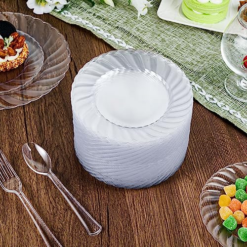 FOCUSLINE 100 Count 6 Inch Clear Plastic Plates, Disposable Heavy Duty Salad Dessert Plates- Premium Hard Plastic Plates Fancy Disposable Clear Plates for Weddings, Parties and Events