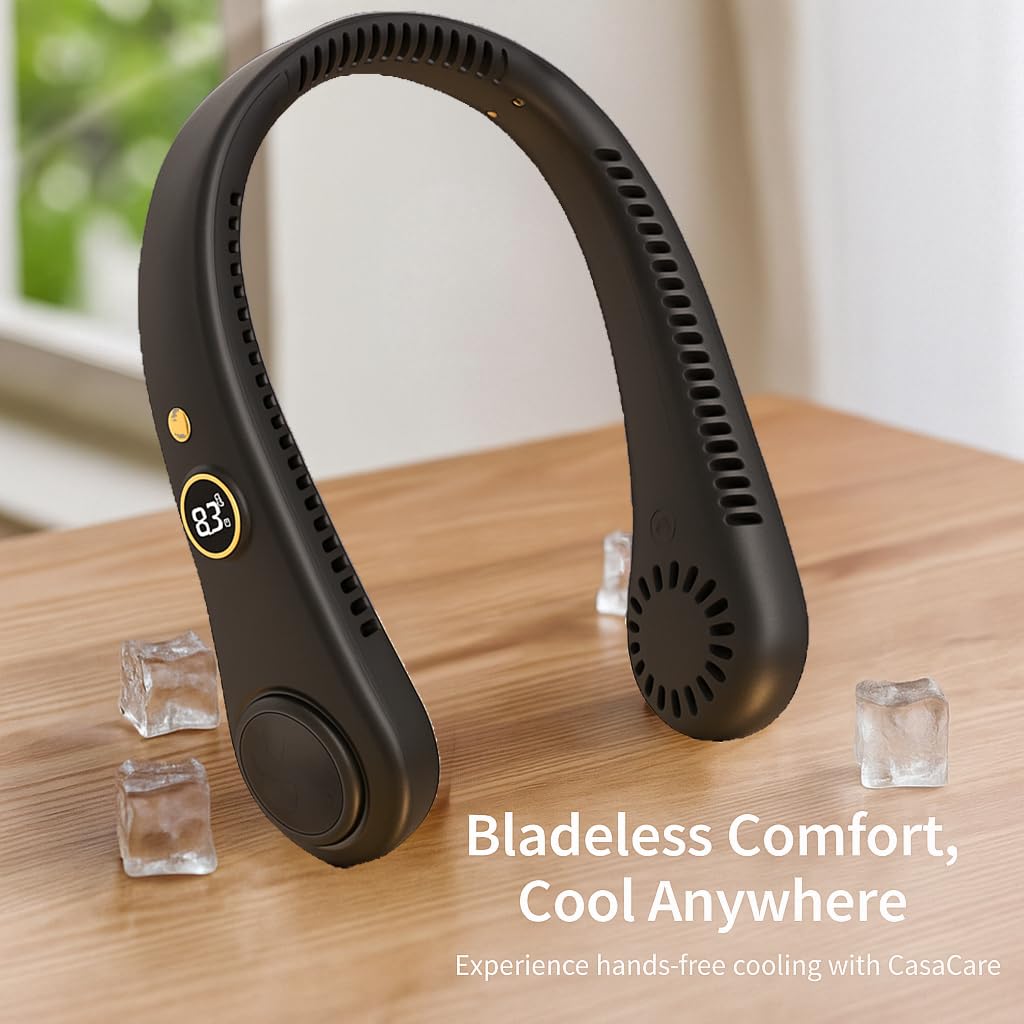 CasaCare Wearable Neck Fan, 5 Speed Levels, LED Display, USB Rechargeable, Hands-Free Personal Cooling,Upgrade 360° Airflow, Personal fan gifts for men and women