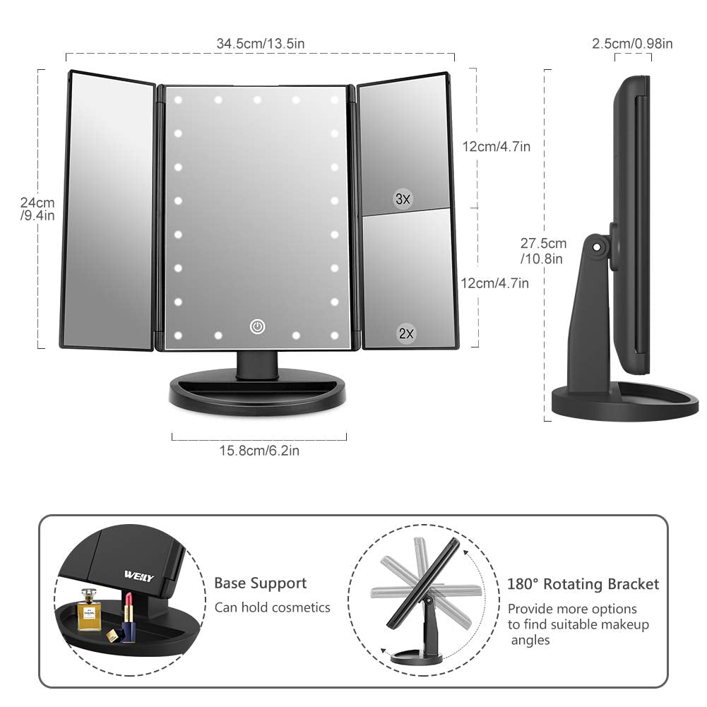 WEILY Makeup Mirror with 21 LED Lights,Two Power Supply Modes, Adjustable Touch Screen and 1x/2x/3x Magnification Tri-Fold Vanity Mirror,Chargeable Travel Cosmetic Mirror for Desktop (Black)